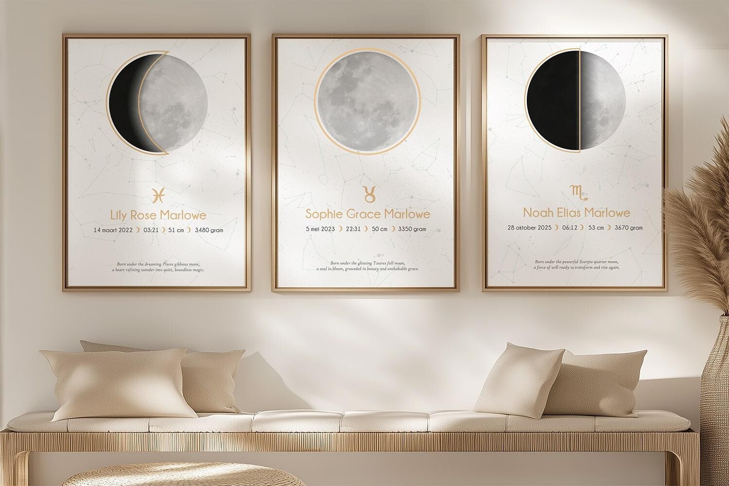 Een blijvende herinnering: geboorteposter met maanstand en sterrenhemel